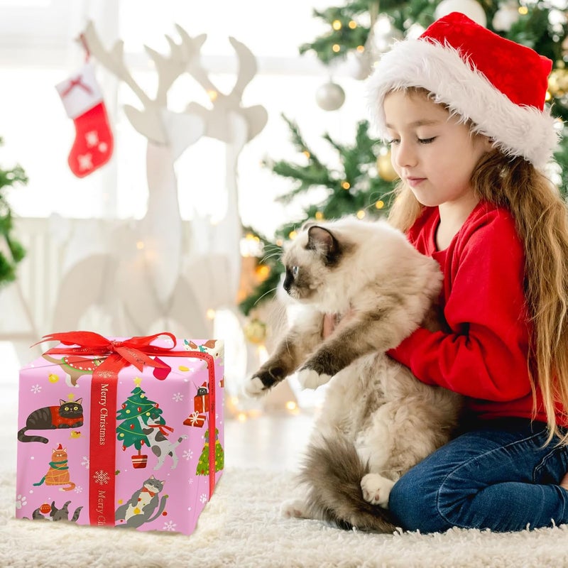 ZINTBIAL Cat Christmas Wrapping Paper - Pink Xmas Gift Wrap with Festive Cats, Holiday Trees and Snowflakes Design - Perfect for Cat Lovers, Kids & Adults Gift Wrapping - 40×28 Inches, 4 Folded Sheets - Image 2